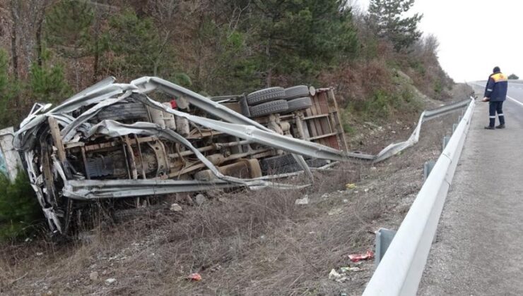 Bariyerleri kıran vinç şarampole devrildi