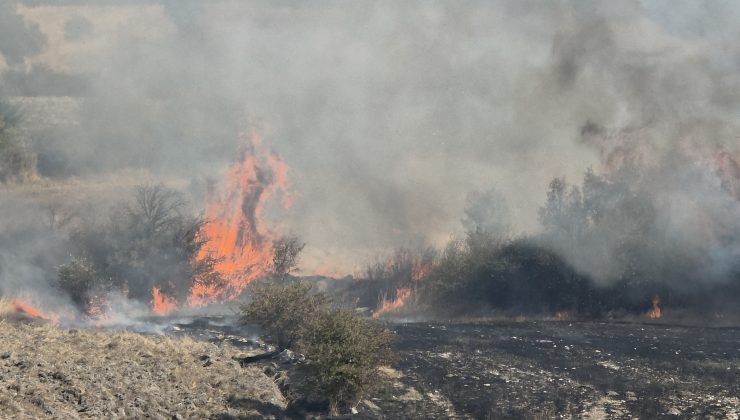 Kısa sürede büyüyen arazi yangını köylülerin desteğiyle söndürüldü